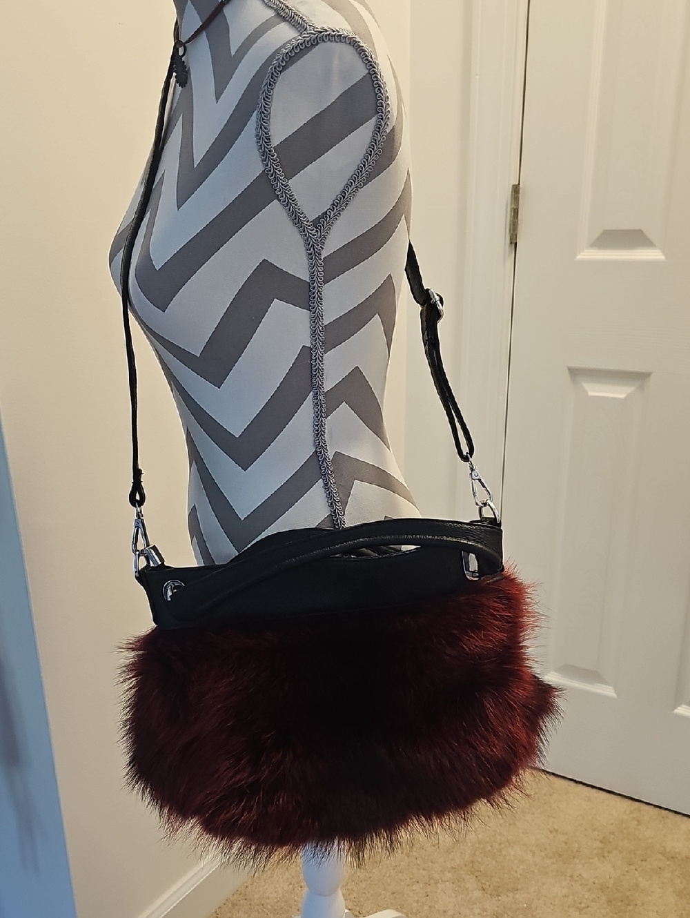 Plush Fox Fur Crossbody Bag in Deep Burgundy